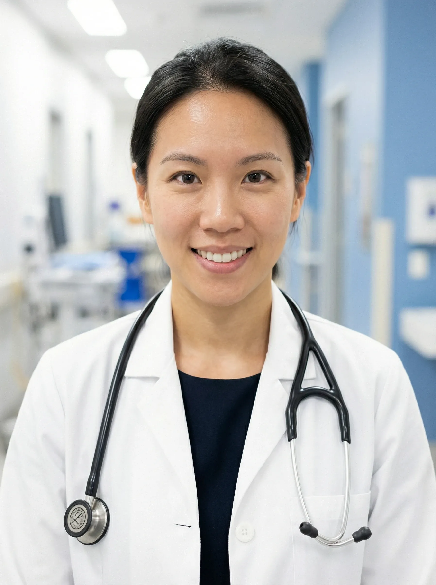 AI physician headshot — woman in a white lab coat over a dark top with a stethoscope in a clinical room